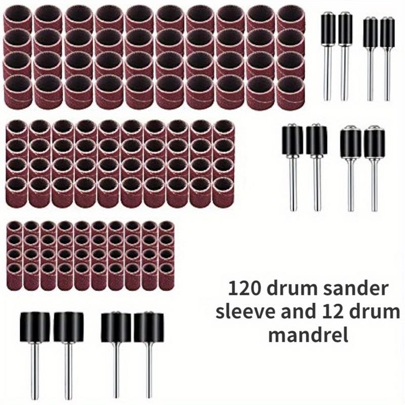 

Aluminum Oxide Sanding Drum Set 132 Pieces for Dremel Rotary Tool Includes 120 Sleeves 12 Mandrels