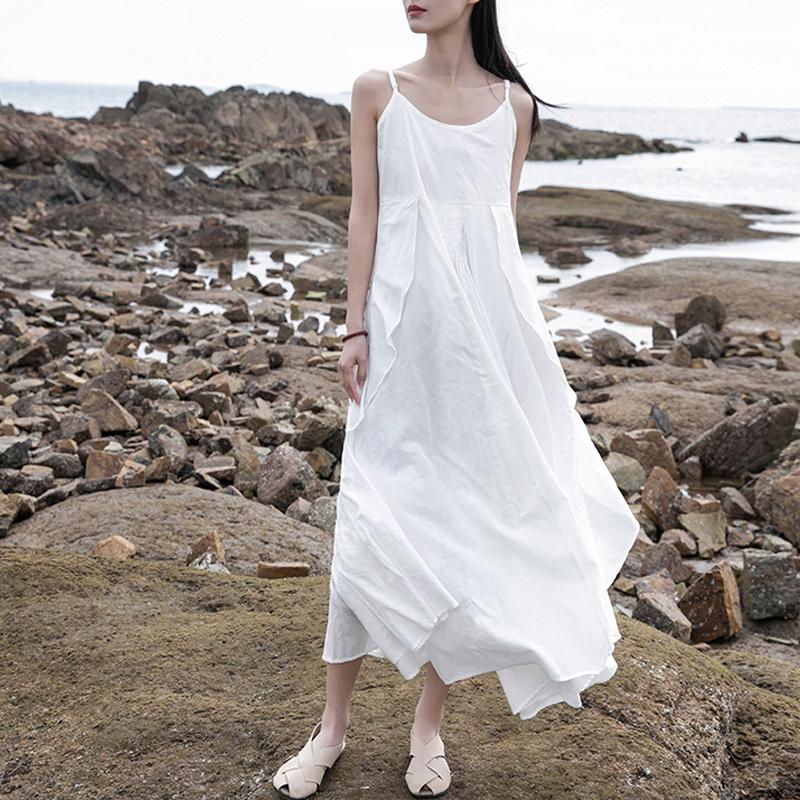 Johnature Women Dress O-Neck Dress Vintage Summer Solid Color Irregular Patchwork Suspender Dresses