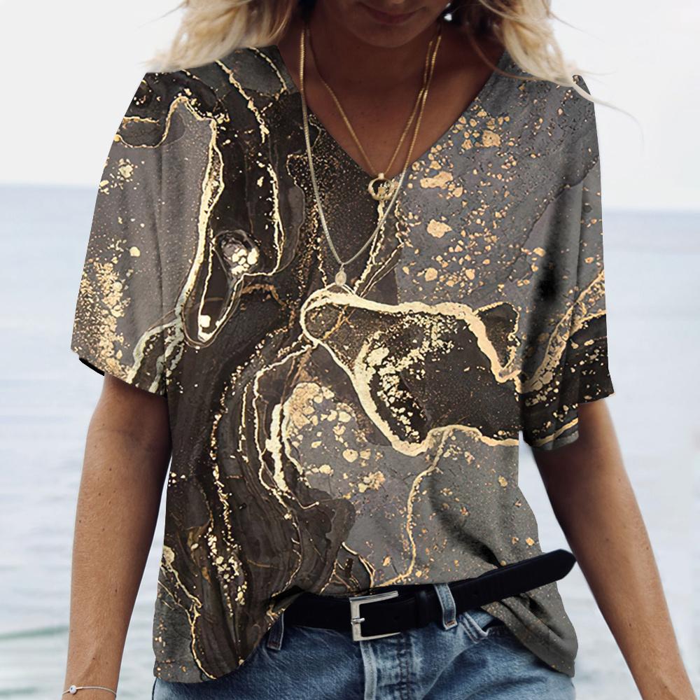 New Marble Gradient 3D Print T-Shirts Women V-Neck Short Sleeve T Shirt Y2k Harajuku Oversized