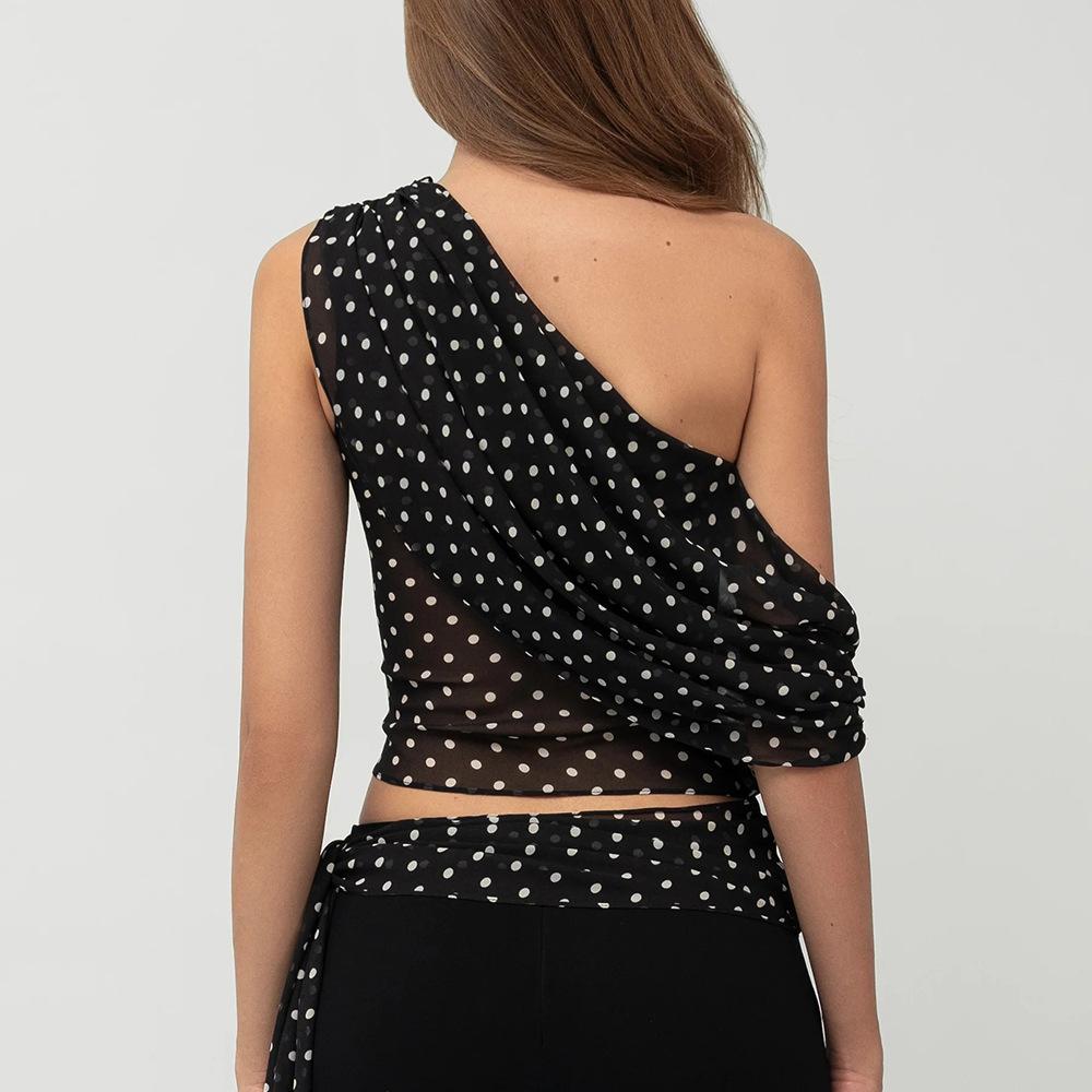 Polka dot slanted shoulder top European and American summer new sexy shoulder suspender semi-transparent chiffon polka dot top