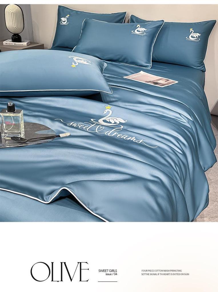 Embroidery Ice Silk Summer Quilt Set, Machine Washable, Luxury Bedding, Solid Color, Home Gift