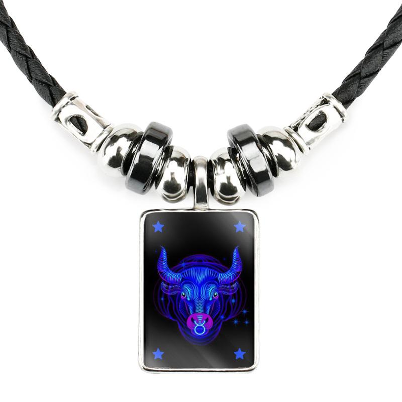 Sign Zodiac Personalized Necklace With Black Leather Rope And Pendant Alloy