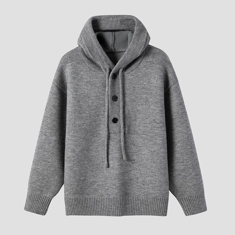 Men's Winter Heavyweight Hooded Knit Sweater - Solid Color Button Cardigan, Relaxed Fit, Urban Style.