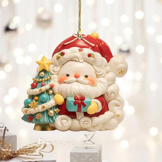 Christmas Car Charm 2D Acrylic Keychain Santa Reindeer Car Mirror Hanging Ornament Festive Decor for Home Tree