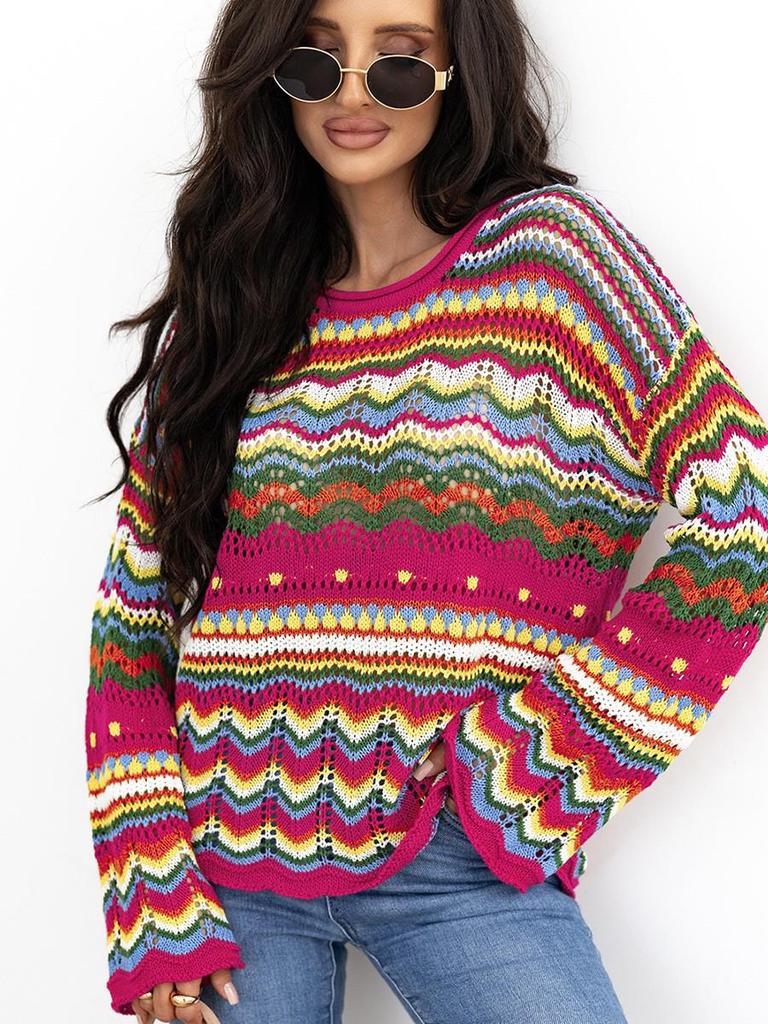 Mehrfarbiger lockerer lässiger Herbst-Pullover für Damen mit Rundhalsausschnitt und langen Ärmeln