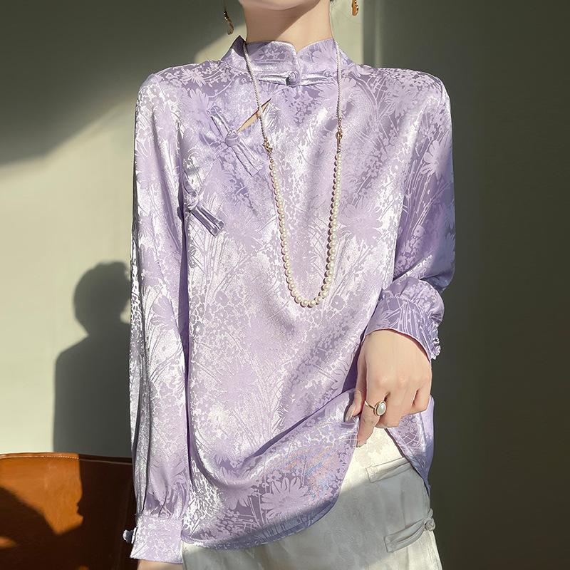 2024 Spring/Summer Women's Chinese Style Satin Jacquard Stand Collar Shirt
