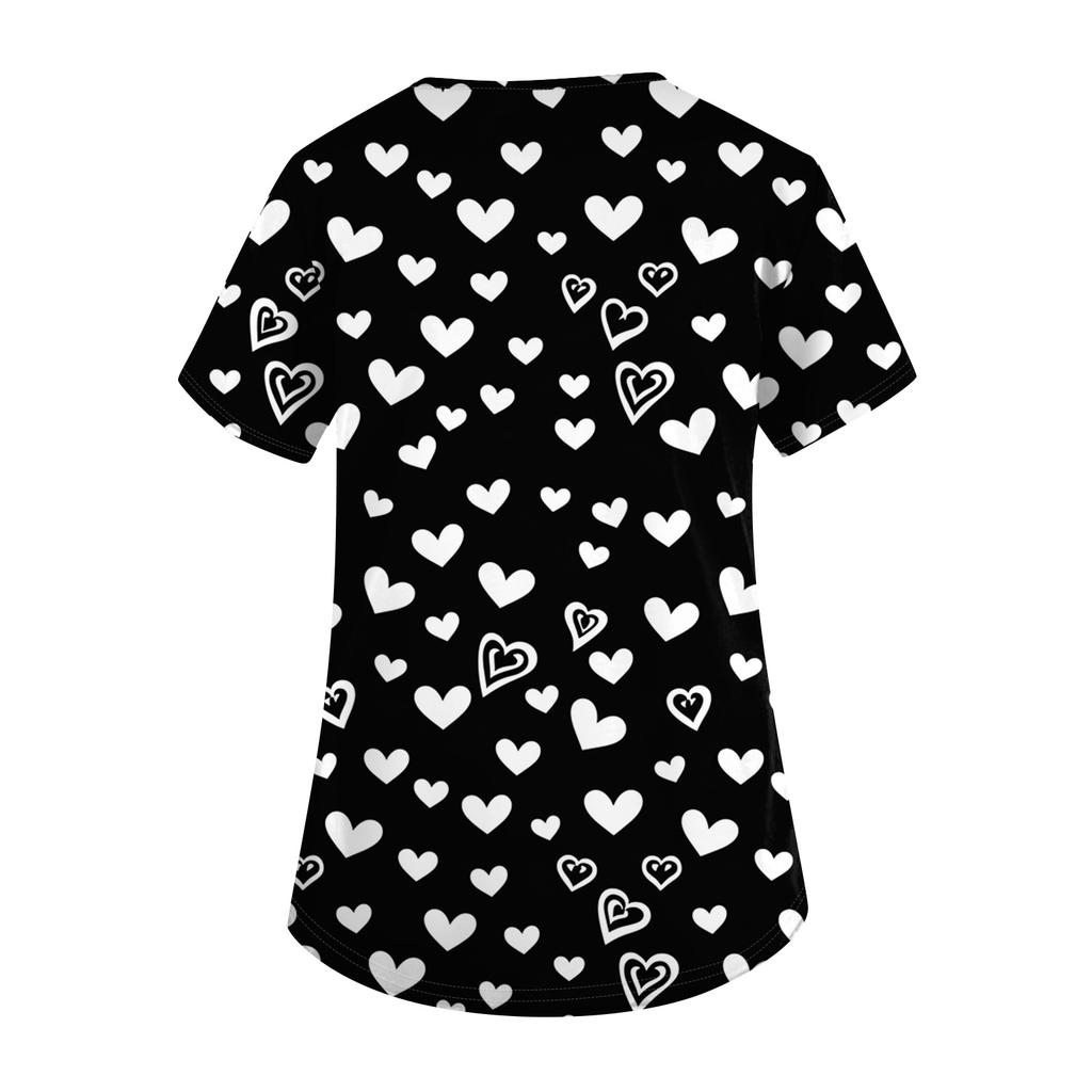 Women V Neck Printed Scrub Top with Heart Pattern Short Sleeve Uniform Top for Veterinary