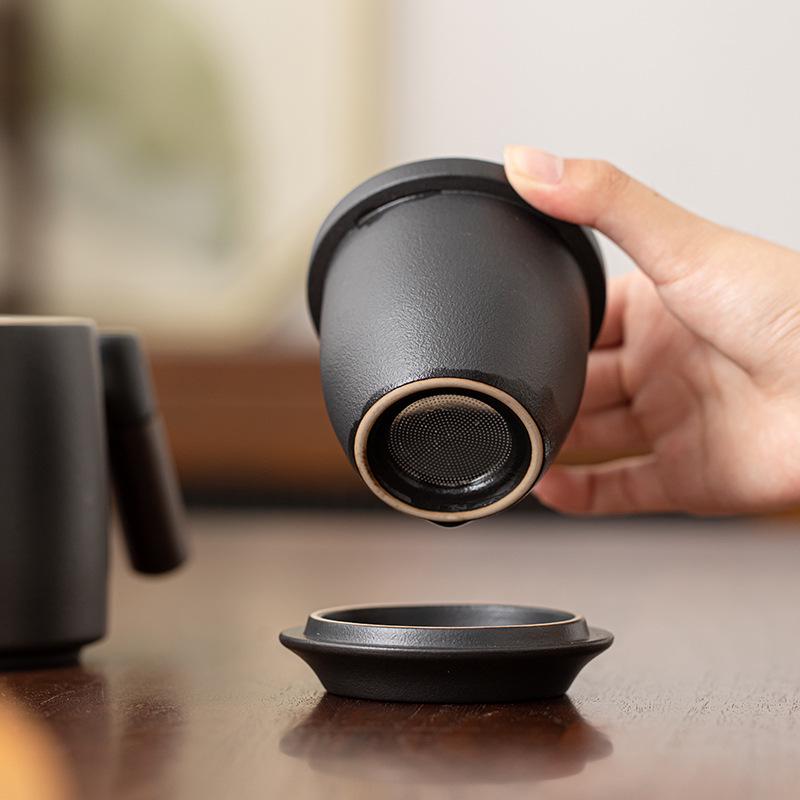 Black Pottery Ceramic Mug with Lid and Liner - Tea & Water Separation Cup, Ideal Office Gift