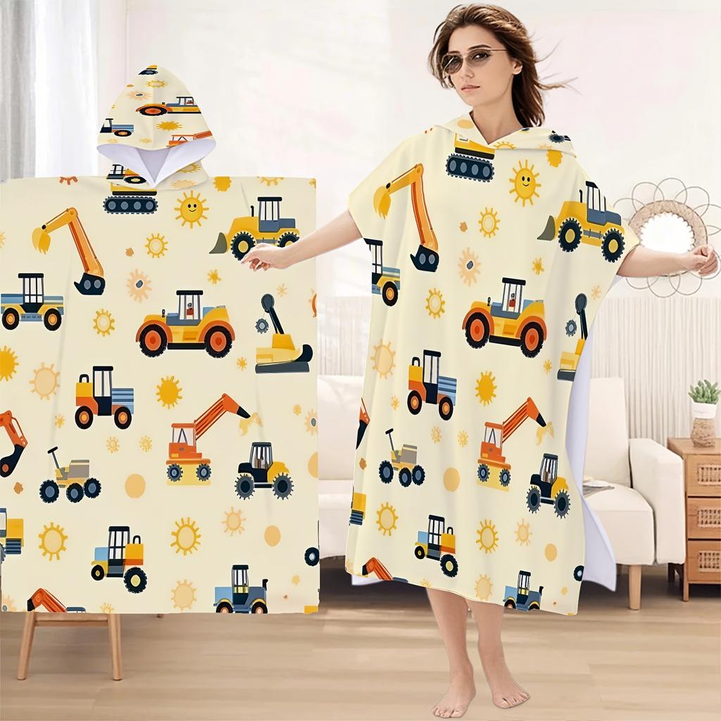 Construction Vehicle Hooded Towel Single Sided Print Soft Microfiber Absorbent Beach Towel For Pool Beach Bath Time Playful Gift