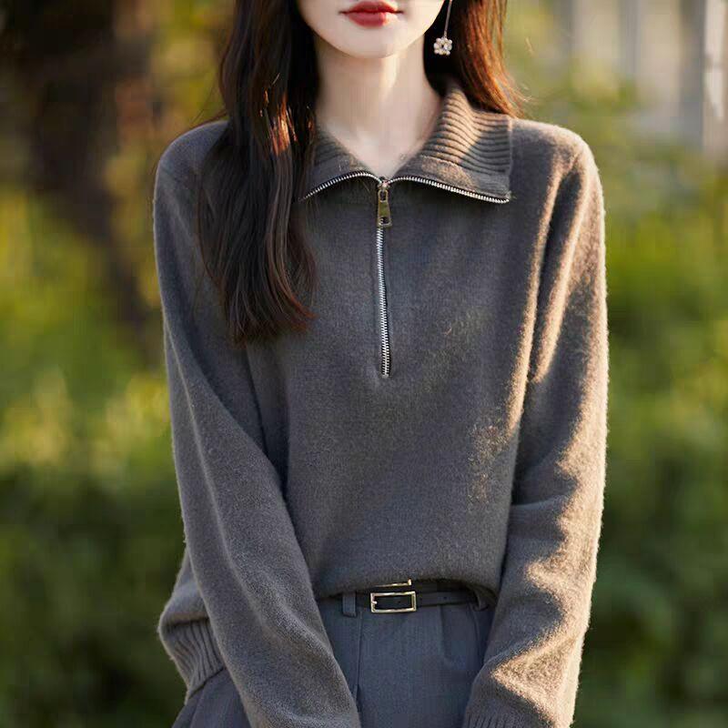 Lapel Women's Fashionable Age-reducing and Slimming Half-open Zipper Sweater Knitted Sweater Thickened Base