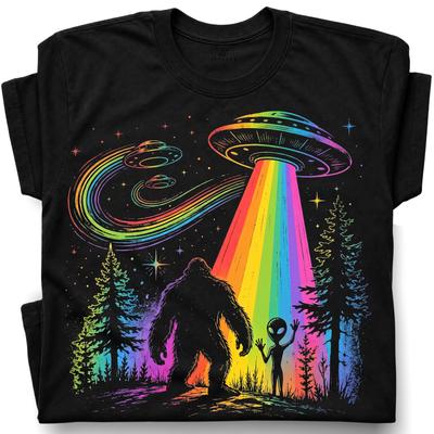 Rainbow UFO Abduction Bigfoot Alien T-Shirt Sci Fi Nature Apparel