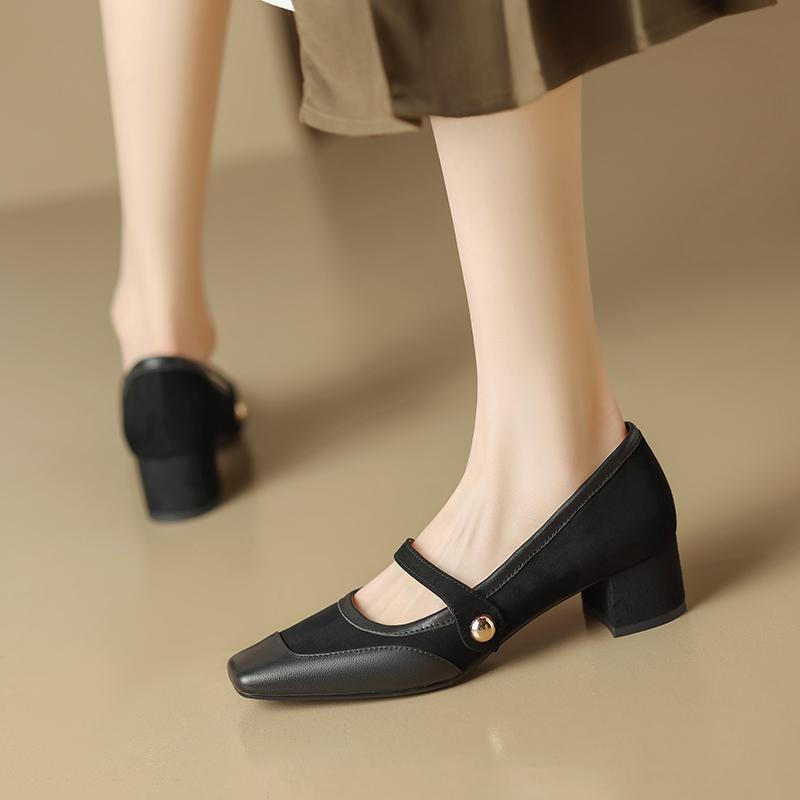 2024 New Women Shoes High-heel Concise Square Toe Buckle Strap Genuine Leather Soft Comfortable Shoes Woman Casual Working Shoes