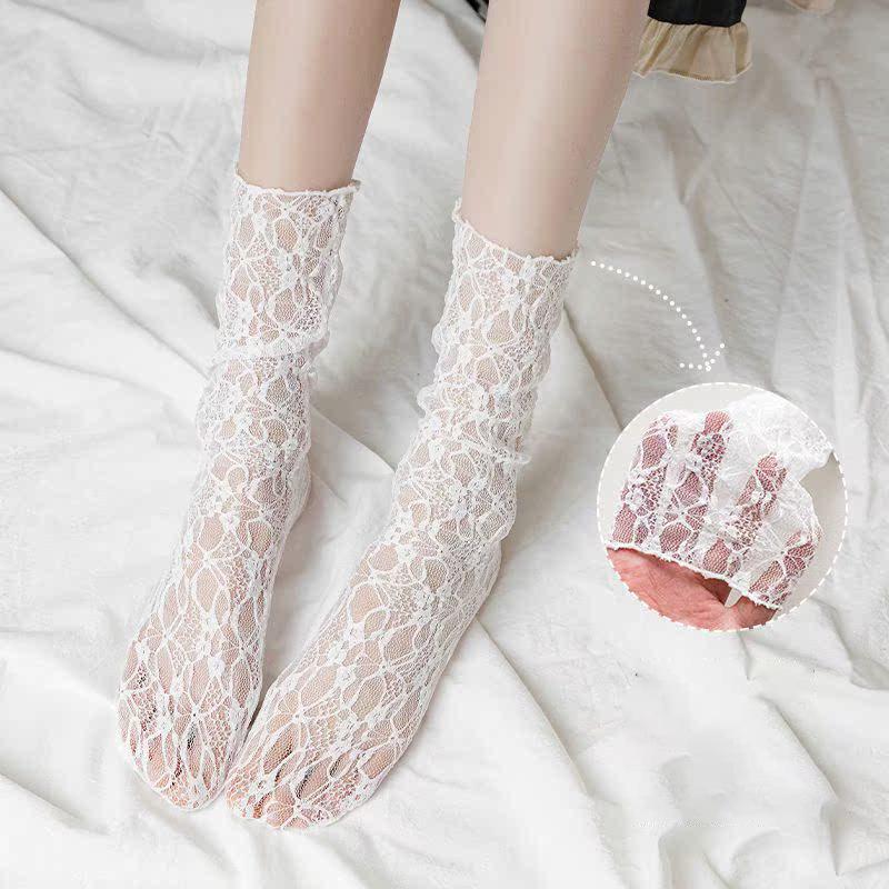 2 Pairs Lace Socks Women White Black Flower Pattern Hosiery Ultra-thin Soft Lace Mesh Socks for Girls Lolita Sexy