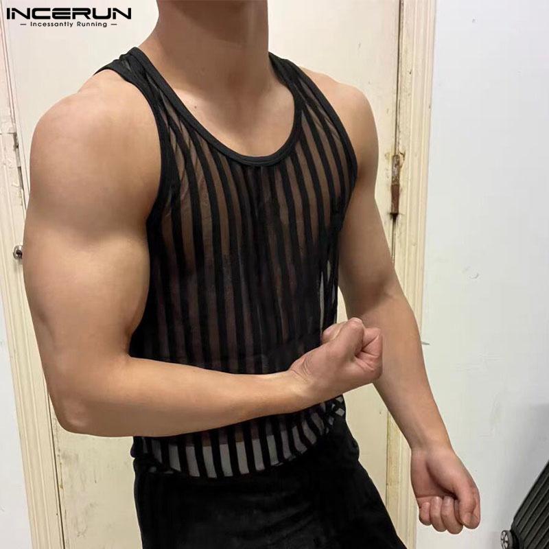 INCERUN Men Sleeveless See Through Vest Mesh Striped Tank Tops