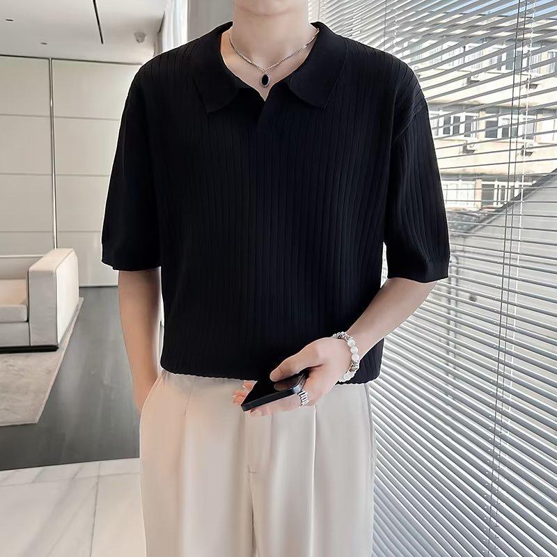 Ice Silk Men's Striped Polo Shirt - Summer 2023 Trendy Short Sleeve Korean Lapel Top