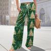 Ladies' Loose And Casual Christmas Printed Wide Leg Pants With Elastic Waistband Drawstring And Pocket Pants