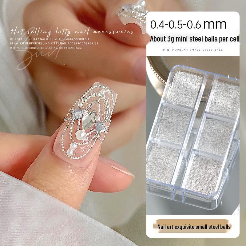 6-Compartment Mini Nail Art Gold & Silver Steel Bead Decor Set