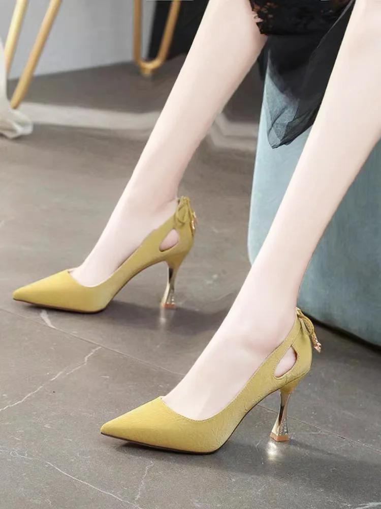 Maogu 2024 Spring Pointed Sexy Hollow Bow Fashion Elegant Ladies Dress Black High Heels Shoes Pointed Toe Stilito Heel Pumps 6cm