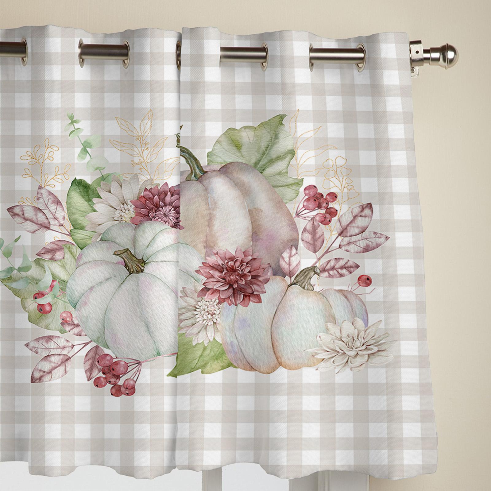 Осенние клетчатые шторы с тыквой и цветочным принтом для спальни — фото 4