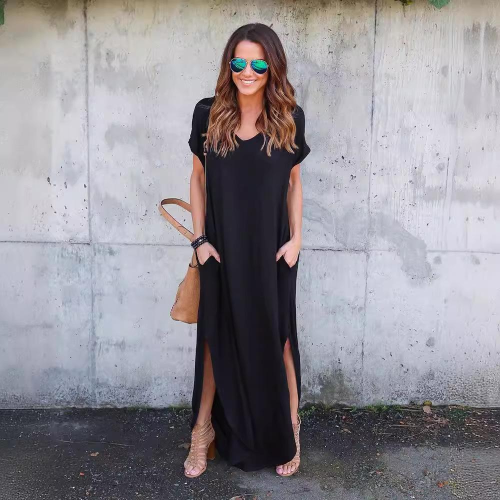 GMXIA Summer Solid Color Print V-neck Pocket Slit Dress