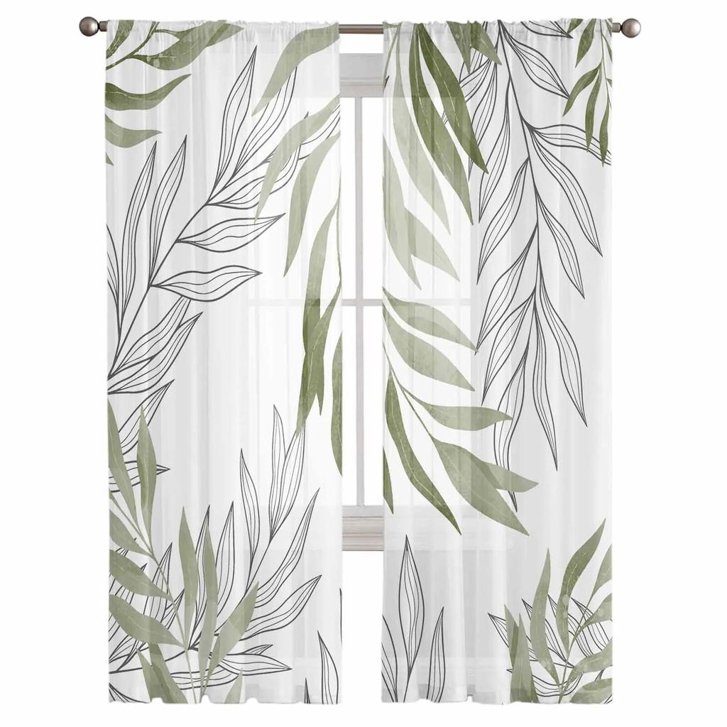 Willow Leaf Lines Salbeigrüne Tüllvorhänge für Wohnzimmer, durchsichtiger Vorhang für Schlafzimmer, Küche, Jalousien, Voile-Vorhänge