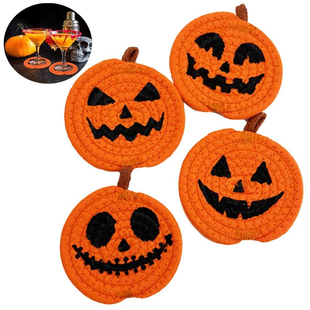 4/8Pcs Handwoven Pumpkin Shaped Coasters Creative Non-Slip Cup Mat  Halloween Decor