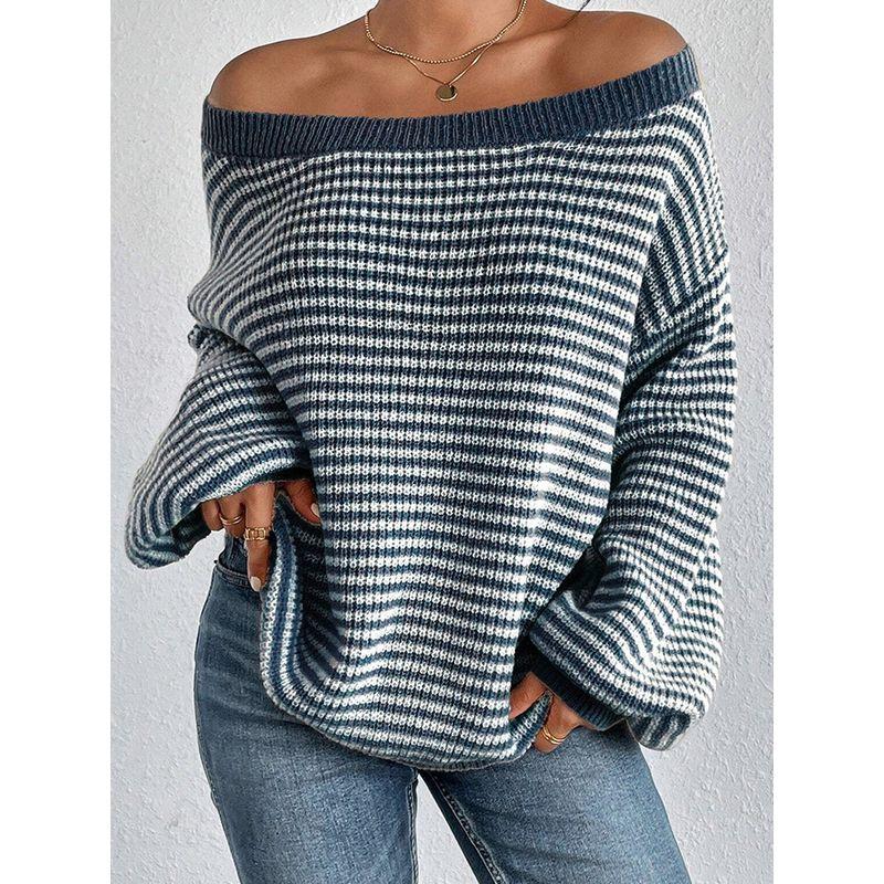2025 Fashion Loose and Lazy Style Drop Shoulder Stripes Sweater Women Winter New Arrival Thermal Knitting Pullover Tops Women