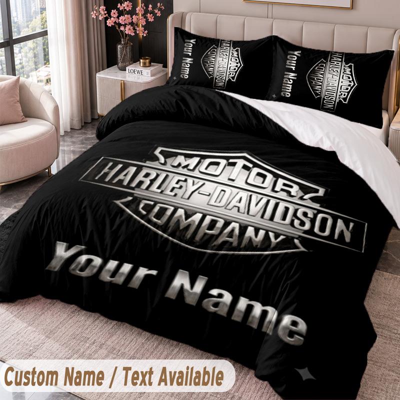 Harley-Davidson Printed Bedding Set Custom Name Text 1 Duvet Cover 2 Pillowcases For Bedroom
