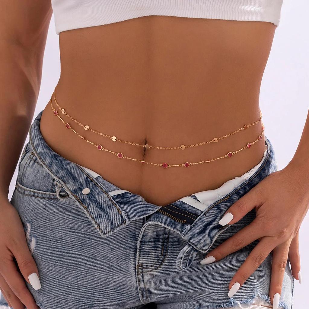 2Pcs/Set Boho Rhinestone Sequins Belly Waist Chain for Women Sexy Bikinis Thin Chain Belt Body Jewelry Summer Beach Accessories