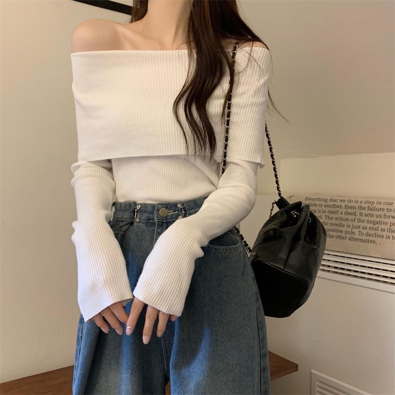 Pure Desire Autumn Knitted Sweater Women's New Niche One-word Shoulder Shirt Popular Long Sleeves