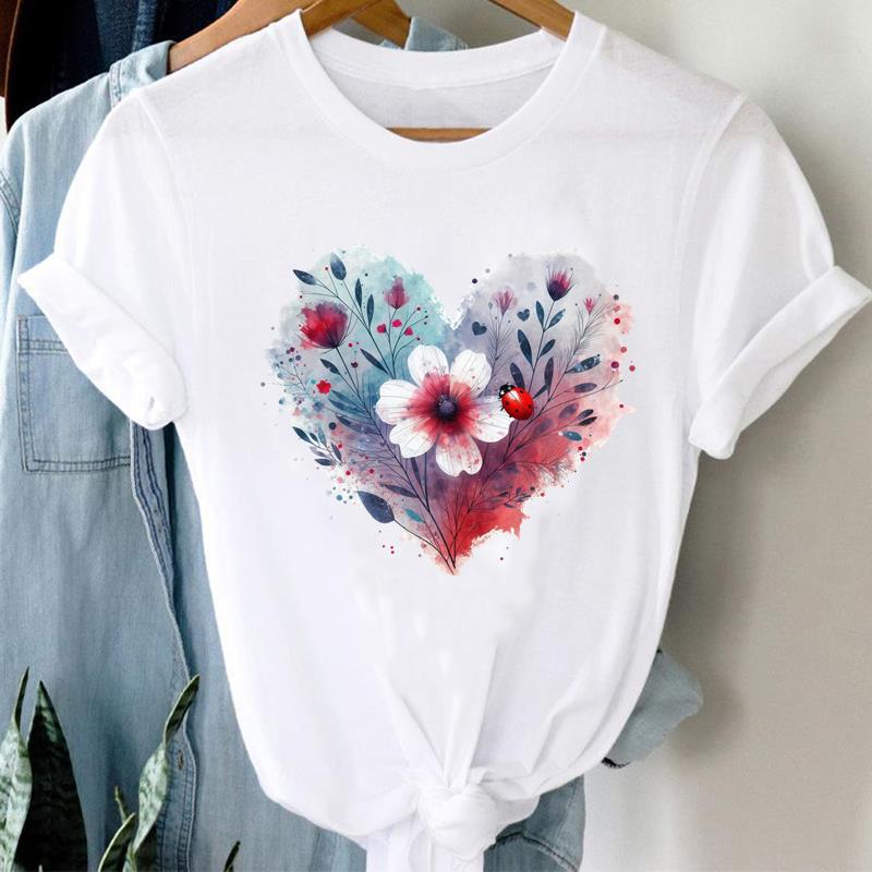 (Asian Size) Clothing Lady o-neck Short Sleeve T-shirts Printed Female flower trend Top Casual T Shirt Fashion Women Graphic Tee