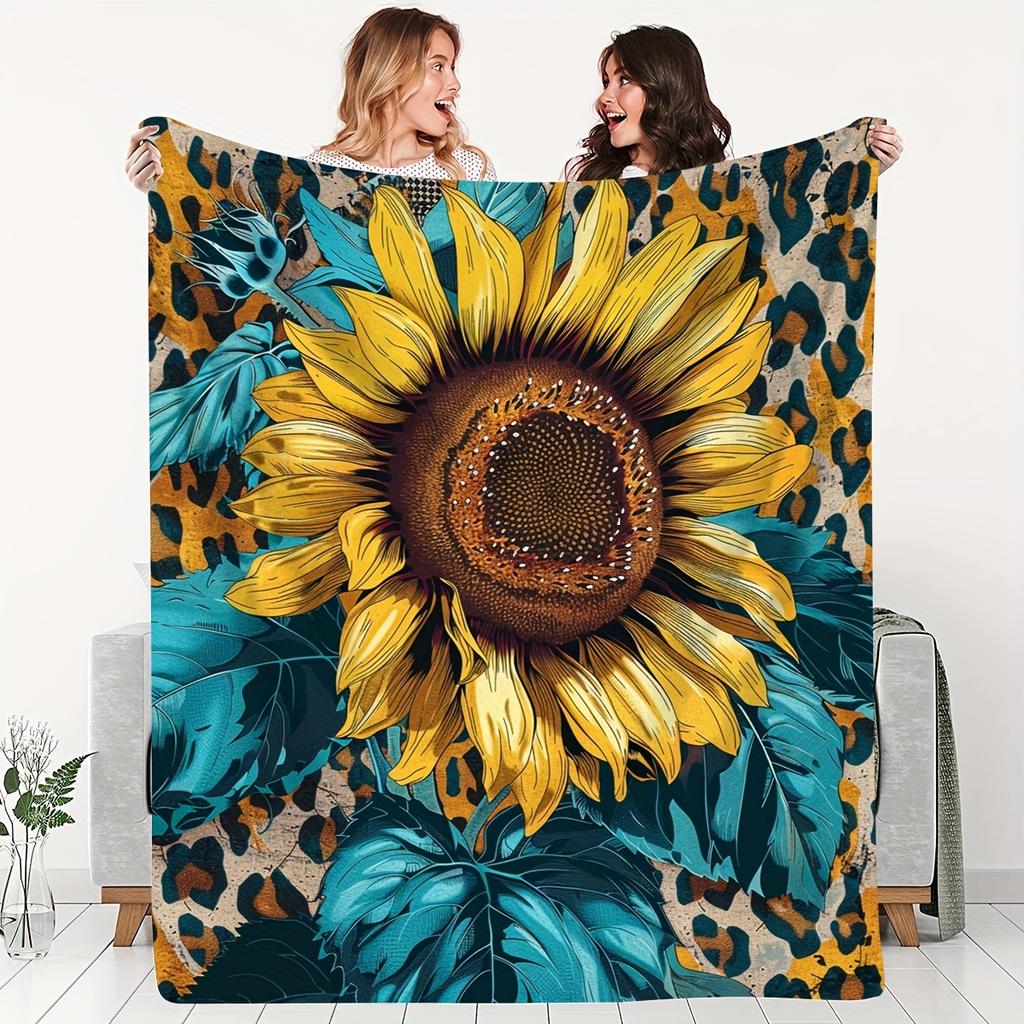 Leopard Sunflower Flower Soft Blanket Flannel Blanket Warm Skin-friendly Office Nap Throw Blanket, Sofa Bed Blanket