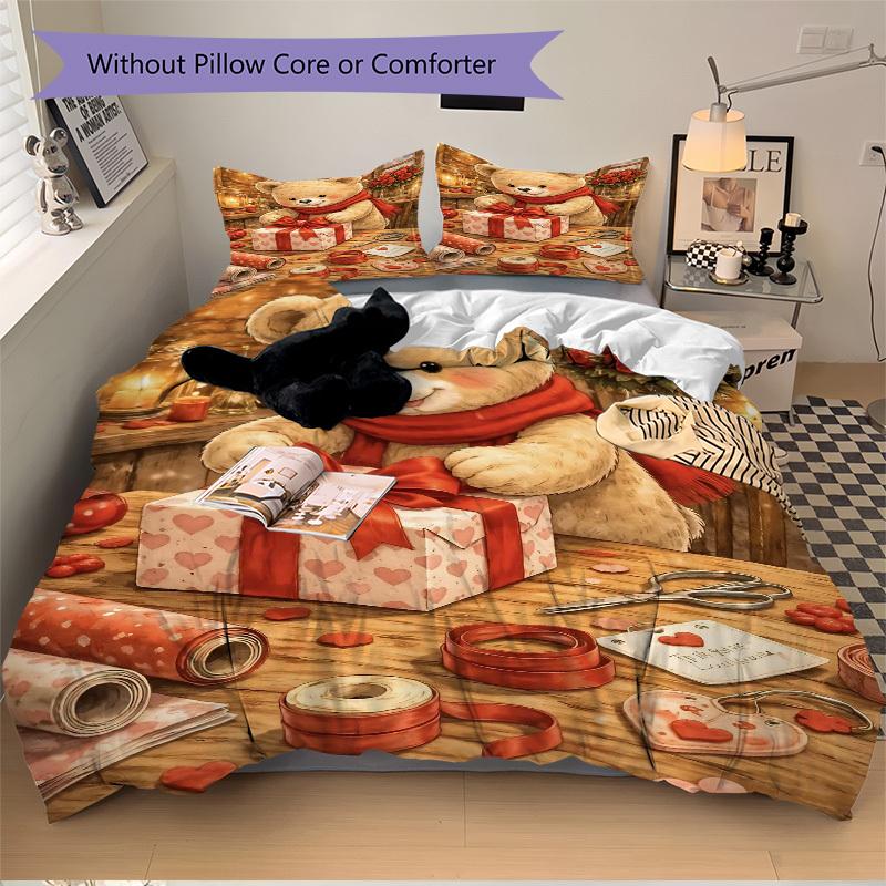 3pcs Anime Teddy Bear Bedding Set - Includes One Quilt Cover and Two Pillowcases (No Core) - Festive Gift for Home Decor, Bedroom and Guest 135x200cm
