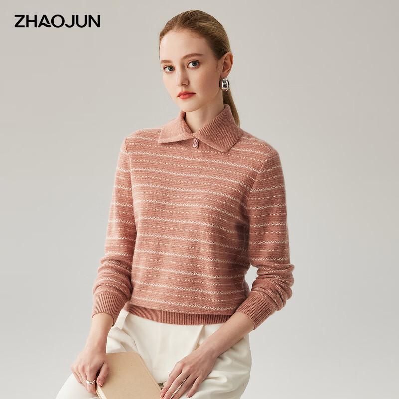 Zhaojun Women's 100% Cashmere Round Neck Striped Sweater