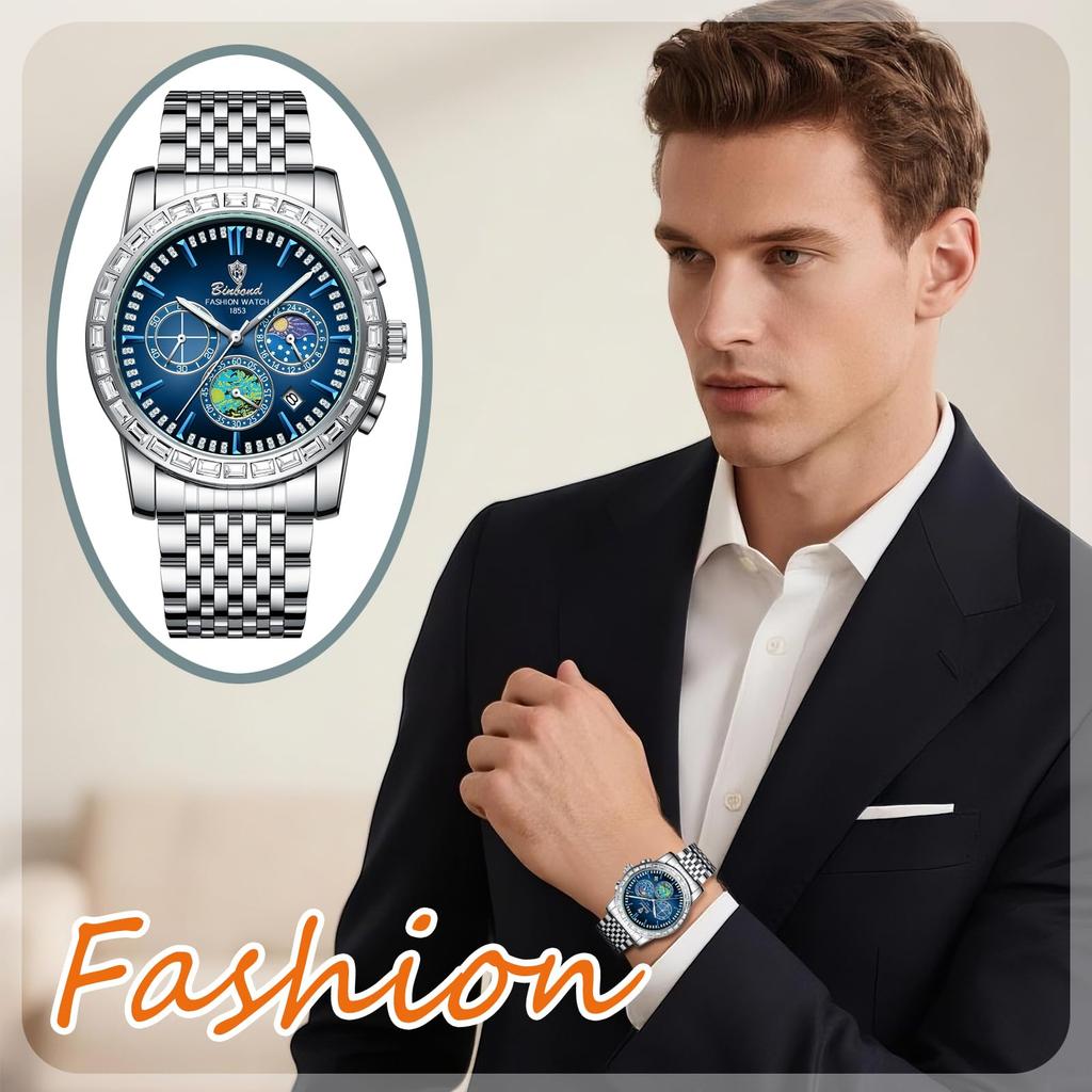 Analog Quartz Triple Calendar Night Stainless Artistic Gold Student Silver Watch, Eye, Multifunction, Men's Luminous, Function, Sky, Steel,