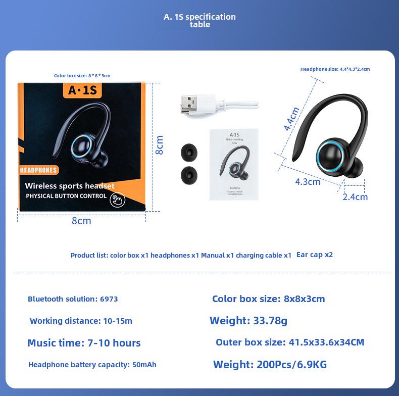 New A1S Wireless Bluetooth Ear-hook Headset: Mini, In-ear, Stereo, Ideal for Sports, Running, and Business.