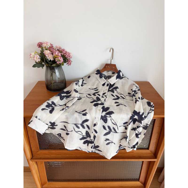 Early Autumn Ink Printed Shirt Ramie Shirt Versatile Chinese Thin Linen Women's Top