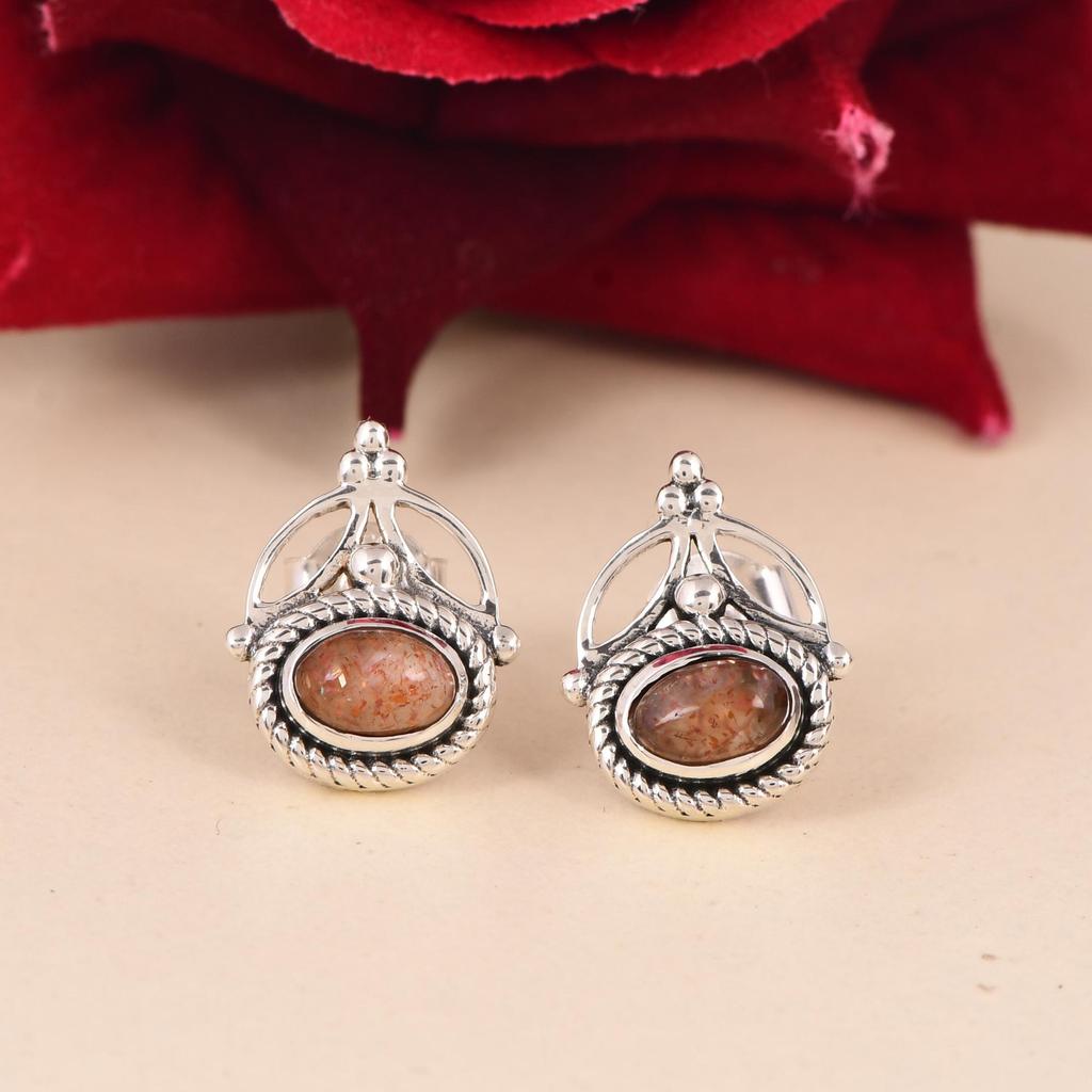 Sunstone Stud Earrings 6x4mm | Sterling Silver Gemstone Earrings | Boho Everyday Studs | Handmade Jewelry Gift for Her