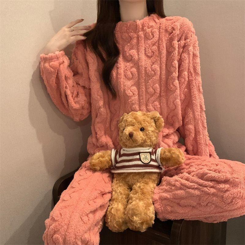 Женский осенний однотонный теплый утолщенный бархатный пижамный костюм — фото 16