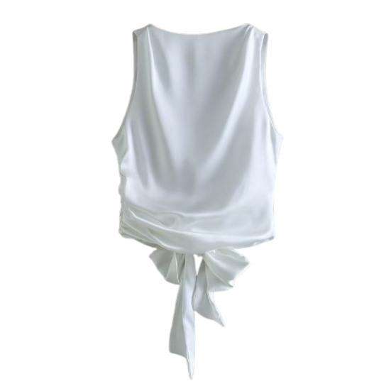 Women Summer Vest Round Neck Sleeveless Backless Smooth Satin Texture Vest Top with Bow Tie Closure Tank Tops