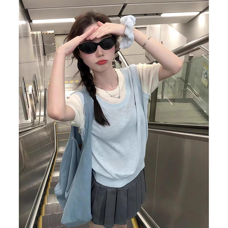 

Korean Series Blue round Neck Ice Silk Knit Women Summer Thin Shoulder Short sleeve T-shirt Cover up Patchwork Fake Two Pieces Top Blue [Quality Edition]] S