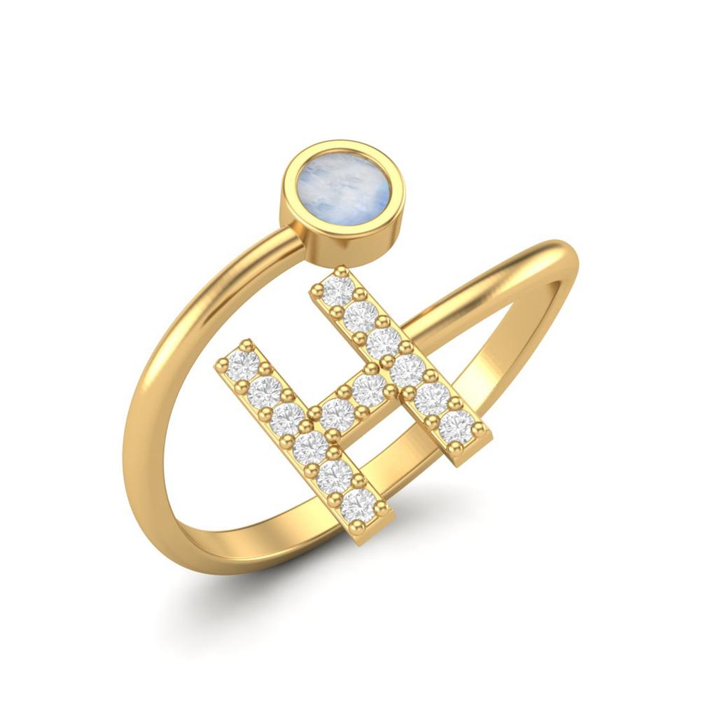 Capital H Initial Letter Moonstone Women Adjustable Front Open Ring 925 Sterling Silver Gold Vermeil