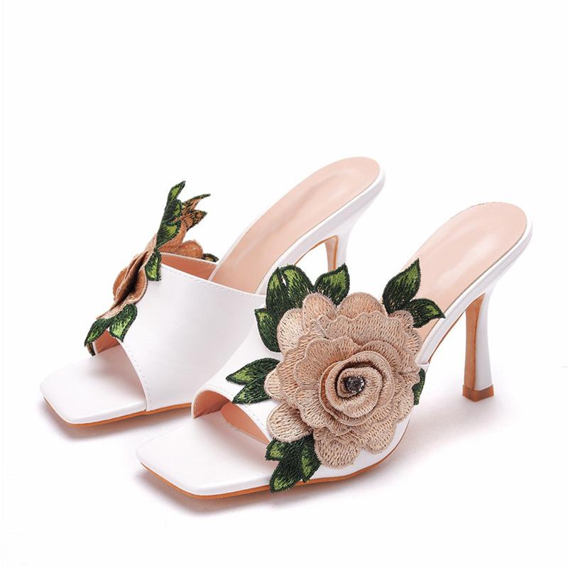 Fashion Liyke High Quality Handmade Embroidery Flower Women Slippers Sandals Fashion Square Open Thin Heels Shoes Female Mules Slides