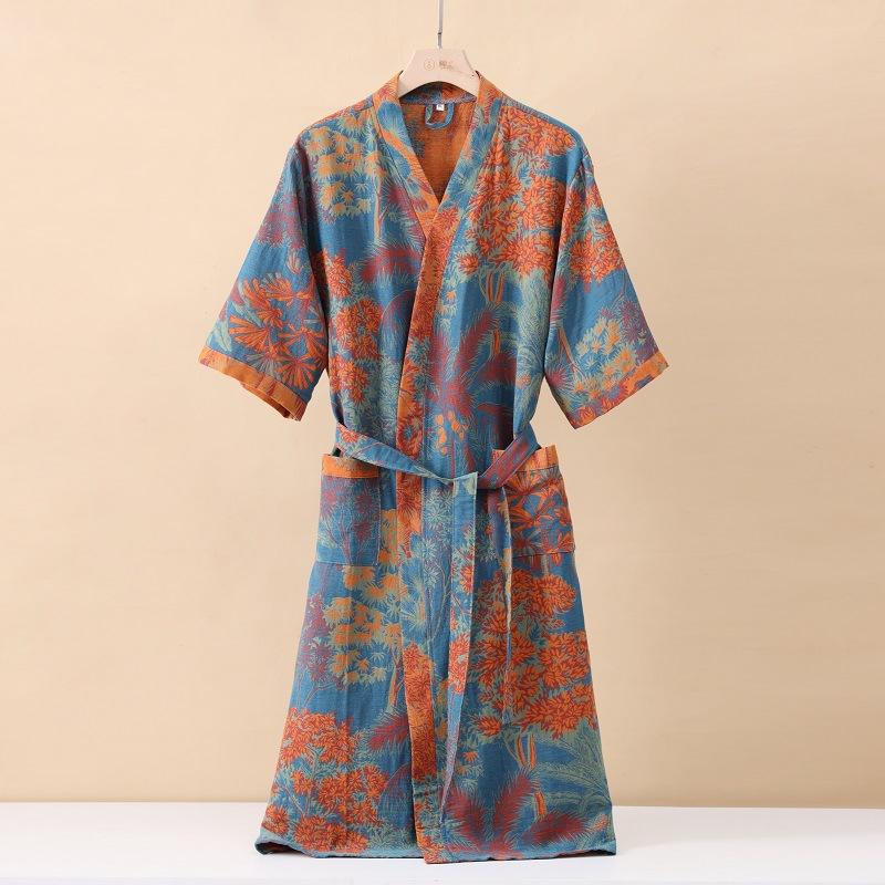 Cotton Fashionable Printed Half Sleeve Kimono Bathrobe for Spring and Summer Thin Home Wear Absorbent Quick Drying Sleeping Robe