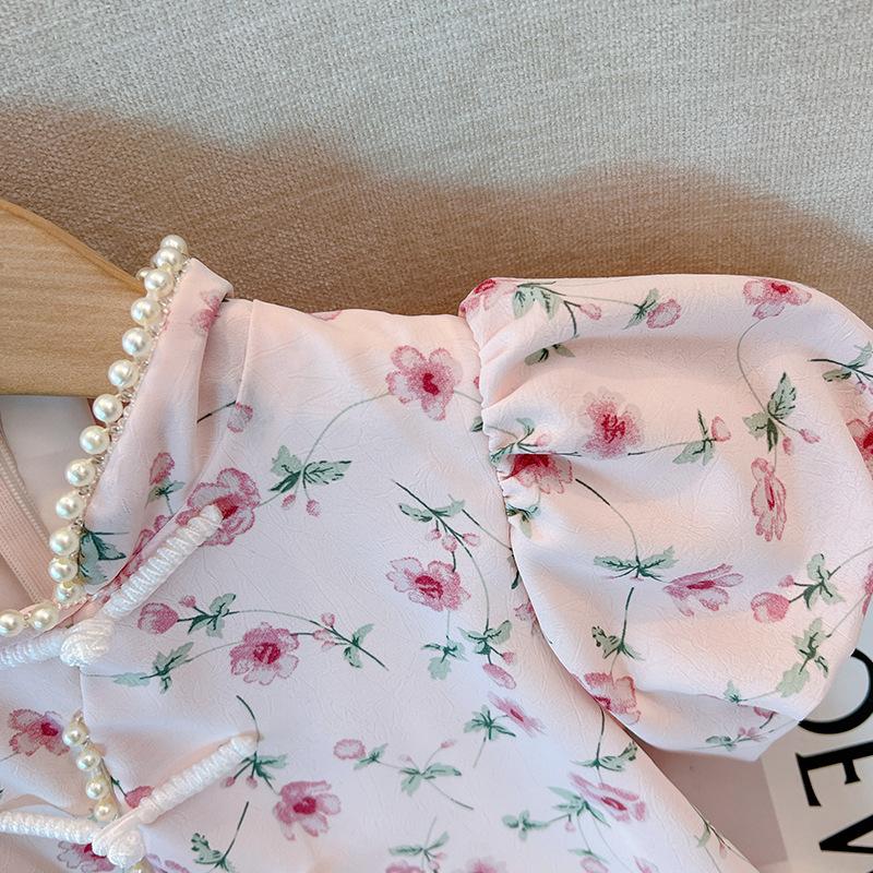 Girls Summer Vintage Cheongsam Dress Kids Chinese Princess Short Sleeve Cotton Linen Baby Girl Party Dress