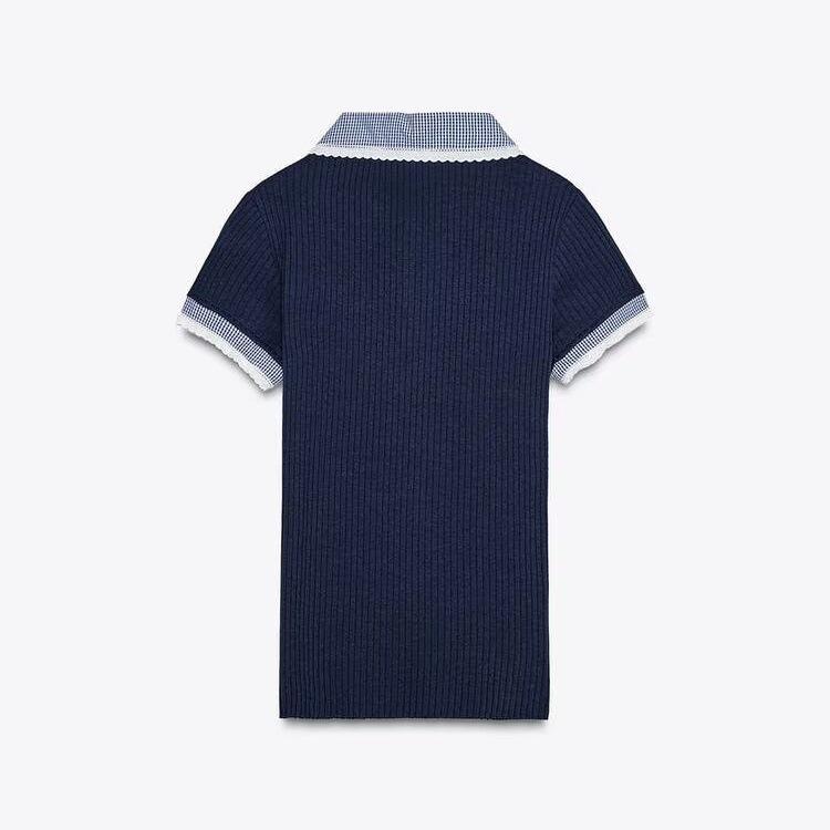 2025 Summer French Retro Color Block Polo Knit Shirt