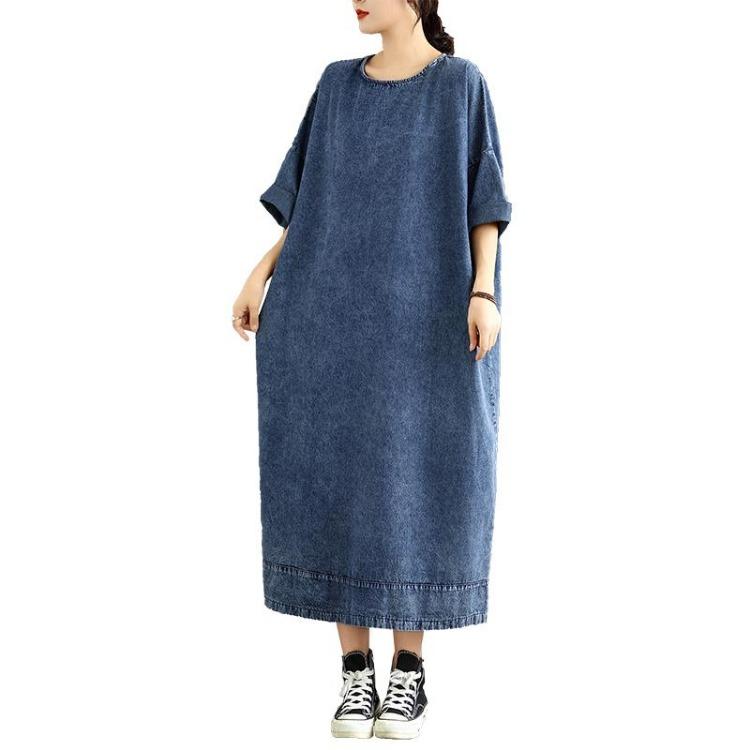 Vintage Blau Denim Maxikleid Übergröße Damen Locker Lässig Baumwolle Basic Langes Kleid