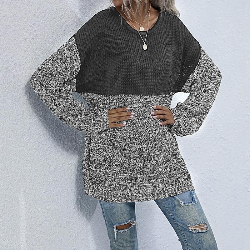 Women's Crew Neck Sweater, Color-Block, Loose Fit for Fall and Winter