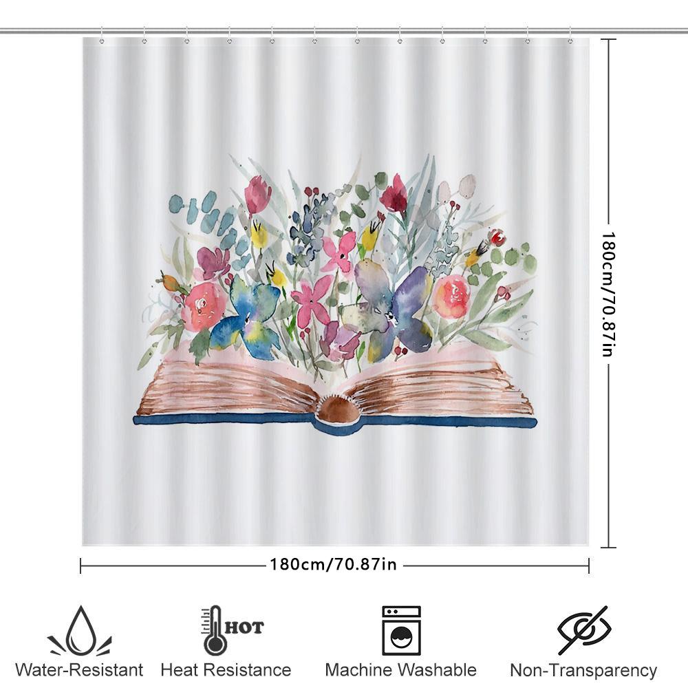 Floral Book Bath Curtain Botanical Shower Curtain Vintage Library Aesthetic Home Decor Reading Lover Gift Unique Pattern Waterpr