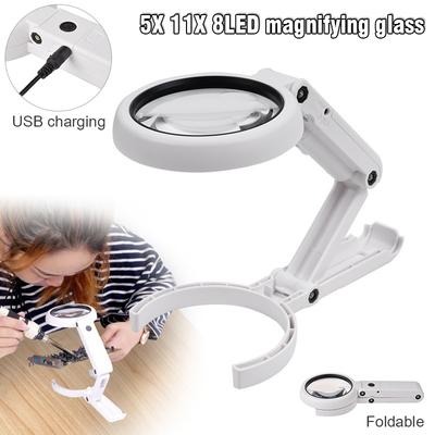 5x11x Multipurpose Handheld Magnifying Glass Desk Stand Magnifier Foldable Reading Lamp with 8 LED Lights(Not Include Battery)